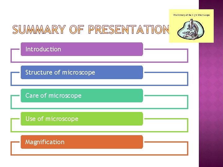 Introduction Structure of microscope Care of microscope Use of microscope Magnification 