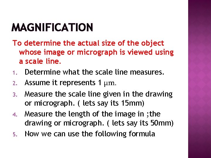 MAGNIFICATION To determine the actual size of the object whose image or micrograph is