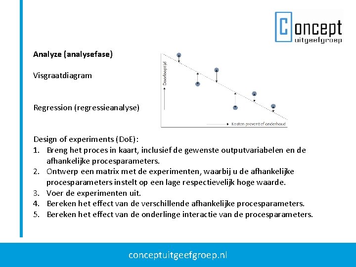 Analyze (analysefase) Visgraatdiagram Regression (regressieanalyse) Design of experiments (Do. E): 1. Breng het proces