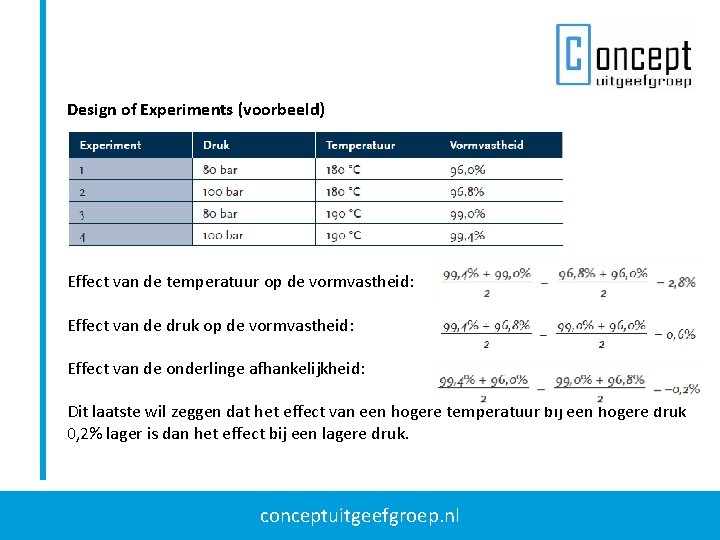 Design of Experiments (voorbeeld) Effect van de temperatuur op de vormvastheid: Effect van de