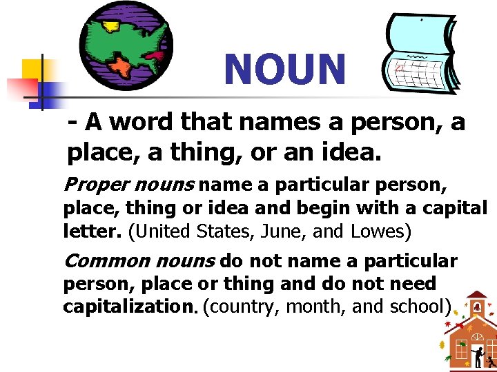 NOUN - A word that names a person, a place, a thing, or an