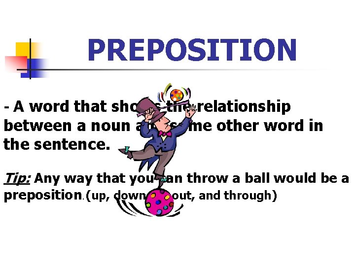 PREPOSITION - A word that shows the relationship between a noun and some other