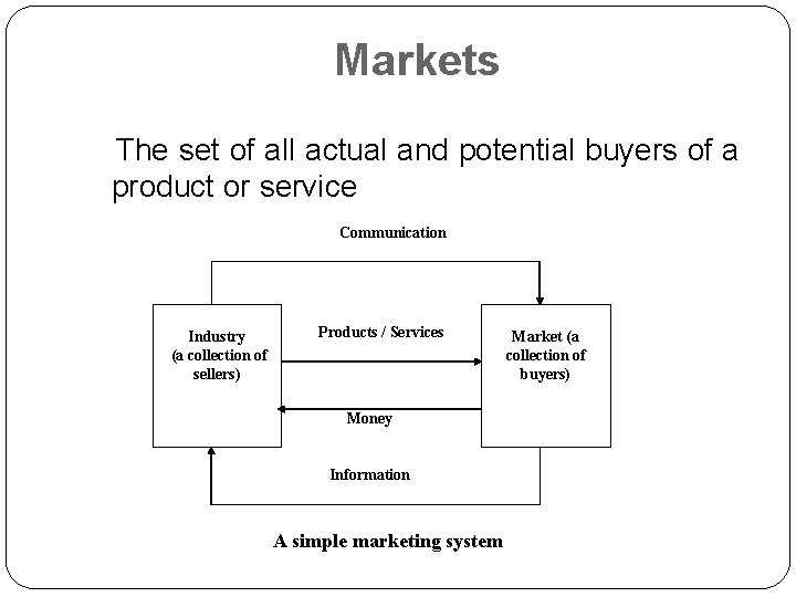 Markets The set of all actual and potential buyers of a product or service