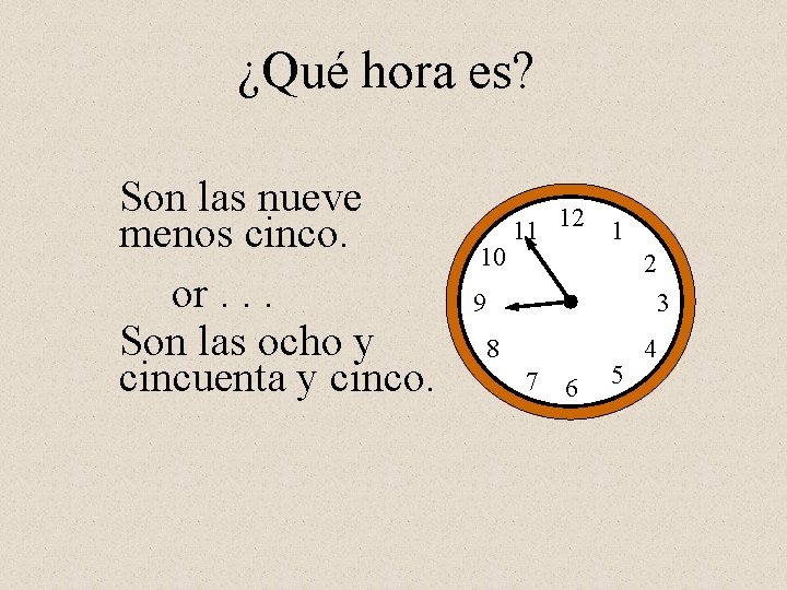 ¿Qué hora es? Son las nueve menos cinco. or. . . Son las ocho