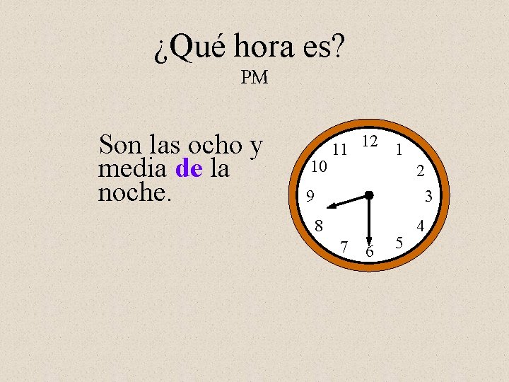 ¿Qué hora es? PM Son las ocho y media de la noche. 10 11