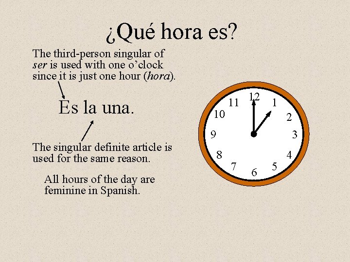 ¿Qué hora es? The third-person singular of ser is used with one o’clock since