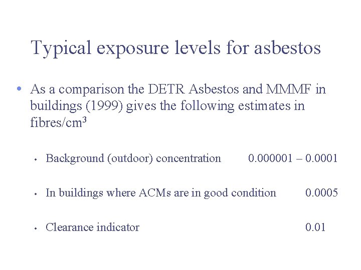 Typical exposure levels for asbestos • As a comparison the DETR Asbestos and MMMF