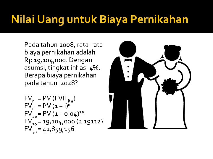 Nilai Uang untuk Biaya Pernikahan Pada tahun 2008, rata-rata biaya pernikahan adalah Rp 19,