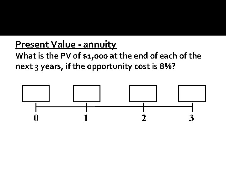 Present Value - annuity What is the PV of $1, 000 at the end