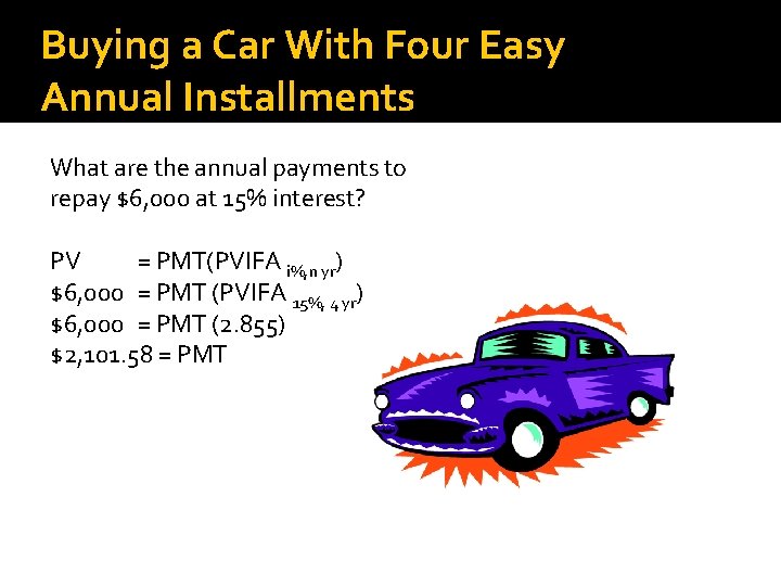 Buying a Car With Four Easy Annual Installments What are the annual payments to