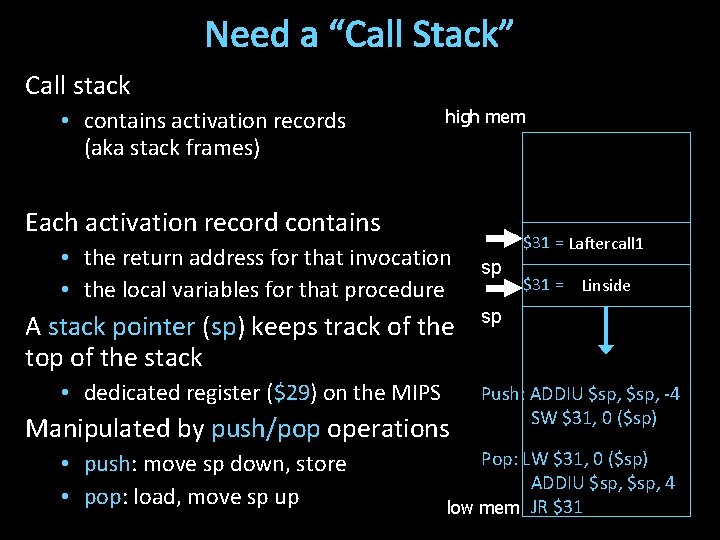 Need a “Call Stack” Call stack • contains activation records (aka stack frames) high