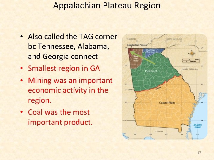 Appalachian Plateau Region • Also called the TAG corner bc Tennessee, Alabama, and Georgia