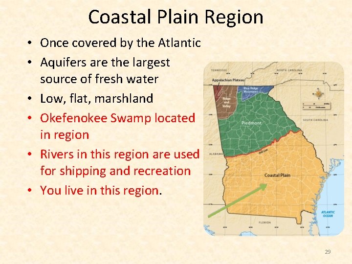 Coastal Plain Region • Once covered by the Atlantic • Aquifers are the largest