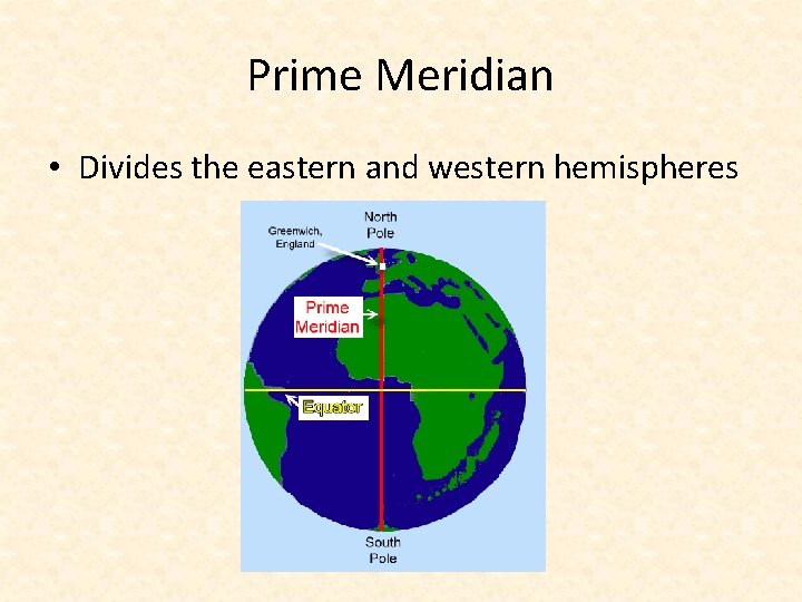 Prime Meridian • Divides the eastern and western hemispheres 