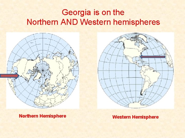 Georgia is on the Northern AND Western hemispheres Northern Hemisphere Western Hemisphere 