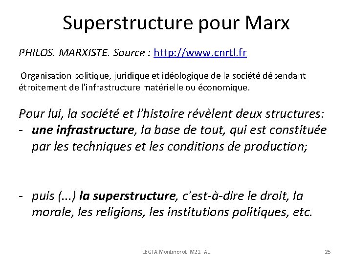 Superstructure pour Marx PHILOS. MARXISTE. Source : http: //www. cnrtl. fr Organisation politique, juridique