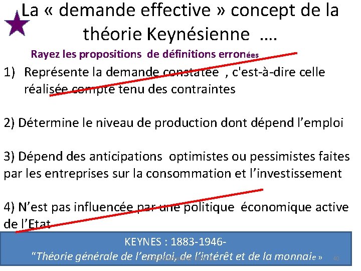 La « demande effective » concept de la théorie Keynésienne …. Rayez les propositions