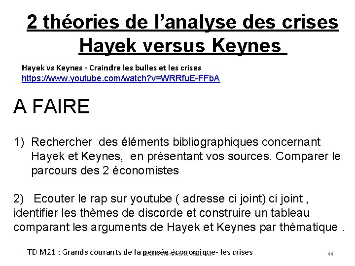 2 théories de l’analyse des crises Hayek versus Keynes Hayek vs Keynes - Craindre 2 théories de l’analyse des crises Hayek versus Keynes Hayek vs Keynes - Craindre