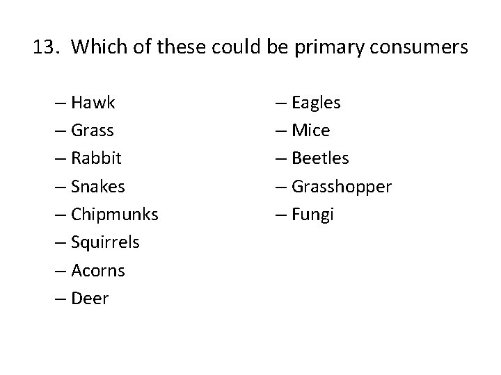 13. Which of these could be primary consumers – Hawk – Grass – Rabbit