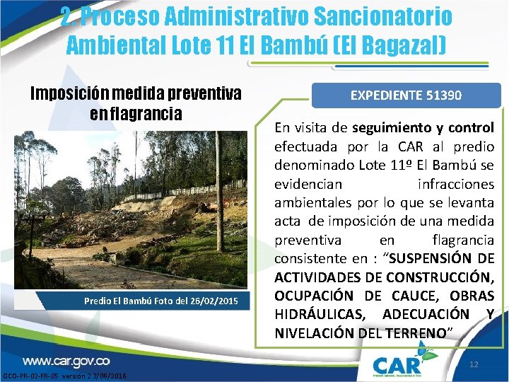 2. Proceso Administrativo Sancionatorio Ambiental Lote 11 El Bambú (El Bagazal) Imposición medida preventiva