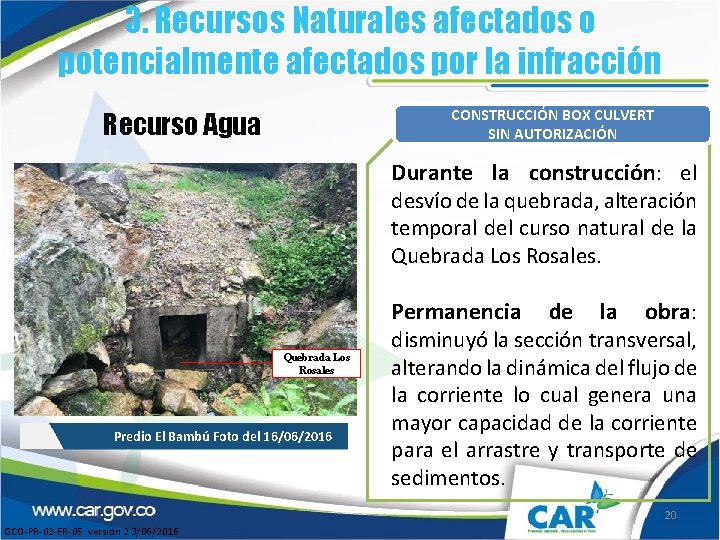 3. Recursos Naturales afectados o potencialmente afectados por la infracción CONSTRUCCIÓN BOX CULVERT SIN