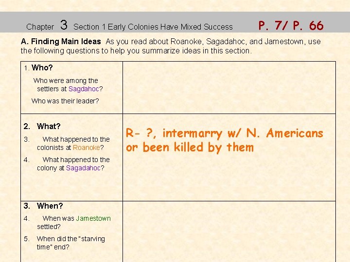 Chapter 3 Section 1 Early Colonies Have Mixed Success P. 7/ P. 66 A.