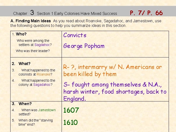 Chapter 3 Section 1 Early Colonies Have Mixed Success P. 7/ P. 66 A.