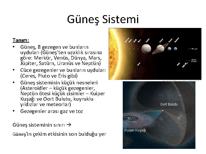 Güneş Sistemi Tanım: • Güneş, 8 gezegen ve bunların uyduları (Güneş’ten uzaklık sırasına göre: