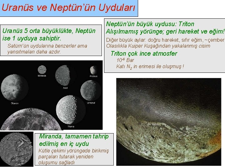 Uranüs ve Neptün’ün Uyduları Uranüs 5 orta büyüklükte, Neptün ise 1 uyduya sahiptir. Satürn’ün