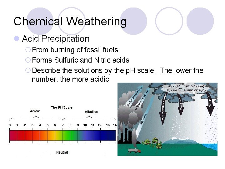 Chemical Weathering l Acid Precipitation ¡ From burning of fossil fuels ¡ Forms Sulfuric
