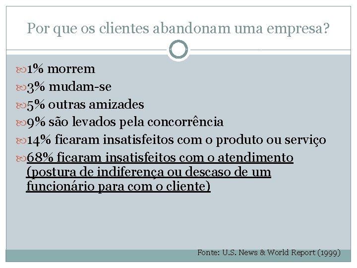 Por que os clientes abandonam uma empresa? 1% morrem 3% mudam-se 5% outras amizades