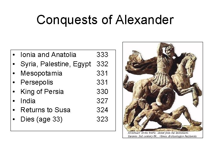 Conquests of Alexander • • Ionia and Anatolia Syria, Palestine, Egypt Mesopotamia Persepolis King