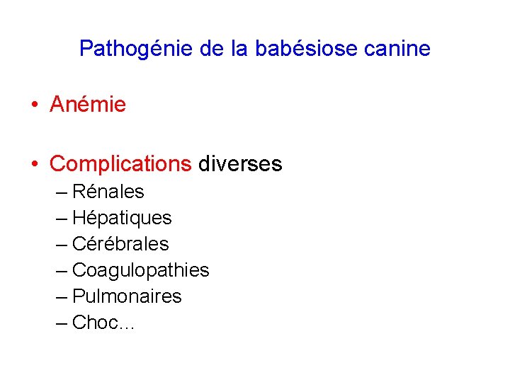 Pathogénie de la babésiose canine • Anémie • Complications diverses – Rénales – Hépatiques