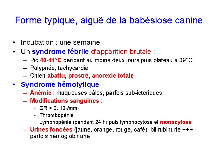 Forme typique, aiguë de la babésiose canine • Incubation : une semaine • Un