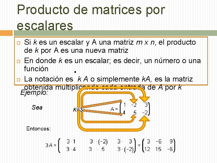 Producto de matrices por escalares Si k es un escalar y A una matriz