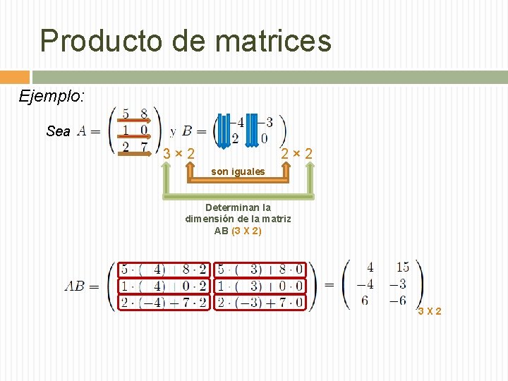 Producto de matrices Ejemplo: Sea 3 × 2 2 × 2 son iguales Determinan