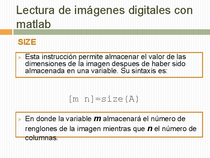 Lectura de imágenes digitales con matlab SIZE Ø Esta instrucción permite almacenar el valor