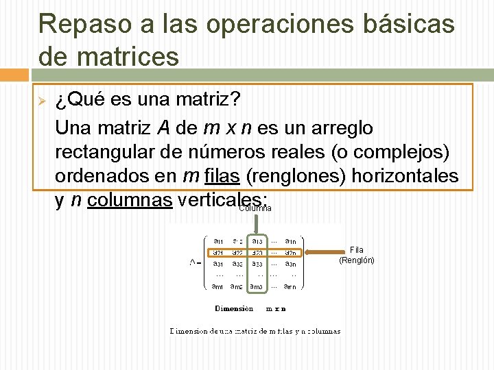 Repaso a las operaciones básicas de matrices Ø ¿Qué es una matriz? Una matriz