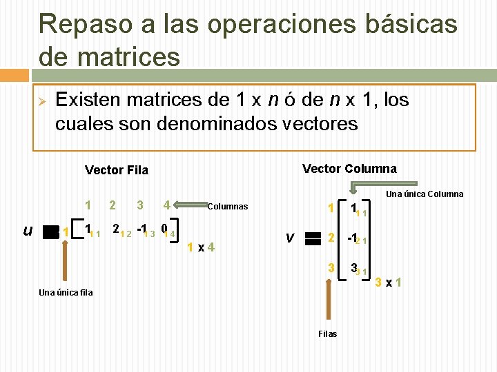 Repaso a las operaciones básicas de matrices Ø Existen matrices de 1 x n