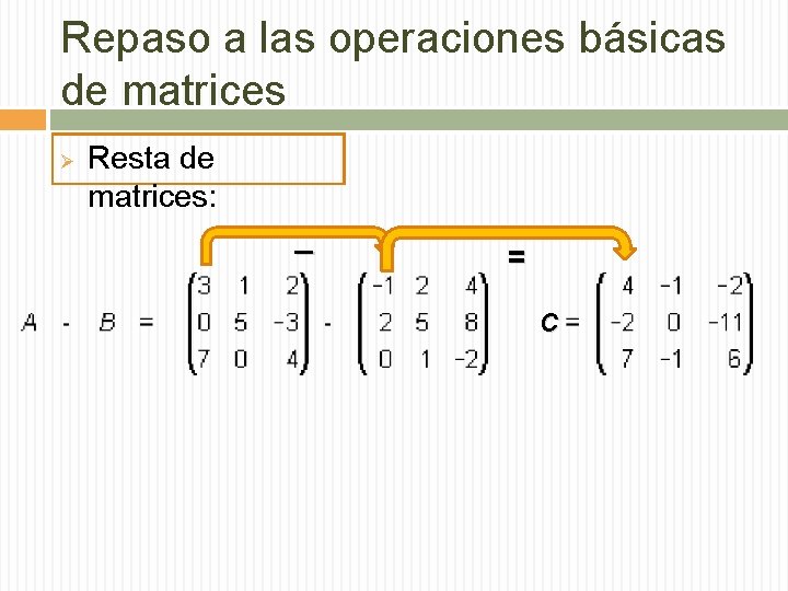 Repaso a las operaciones básicas de matrices Ø Resta de matrices: _ = C