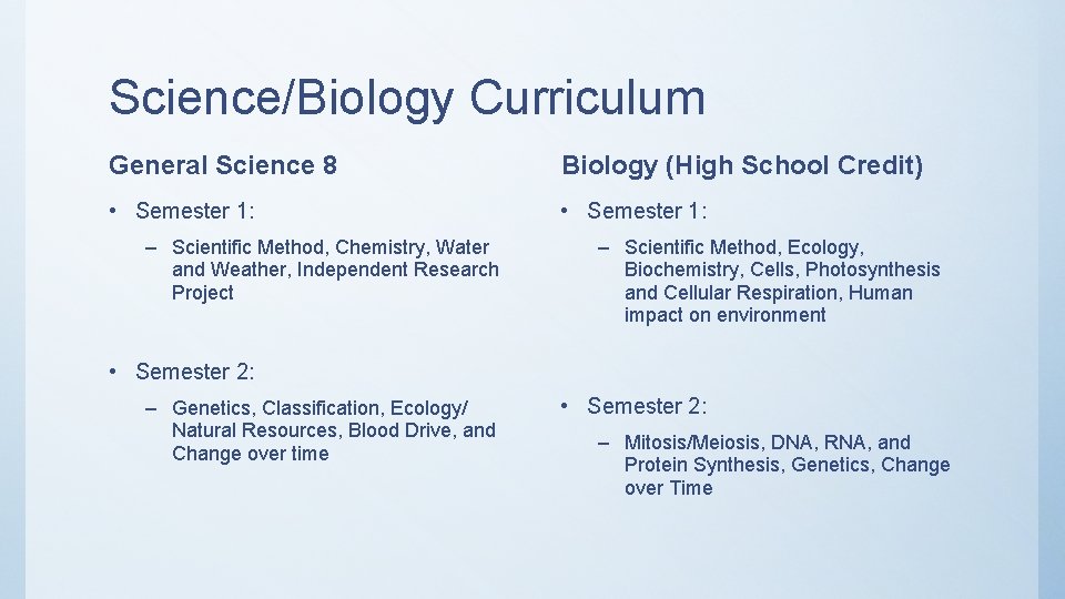 Science/Biology Curriculum General Science 8 Biology (High School Credit) • Semester 1: – Scientific