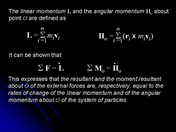 The linear momentum L and the angular momentum Ho about point O are defined