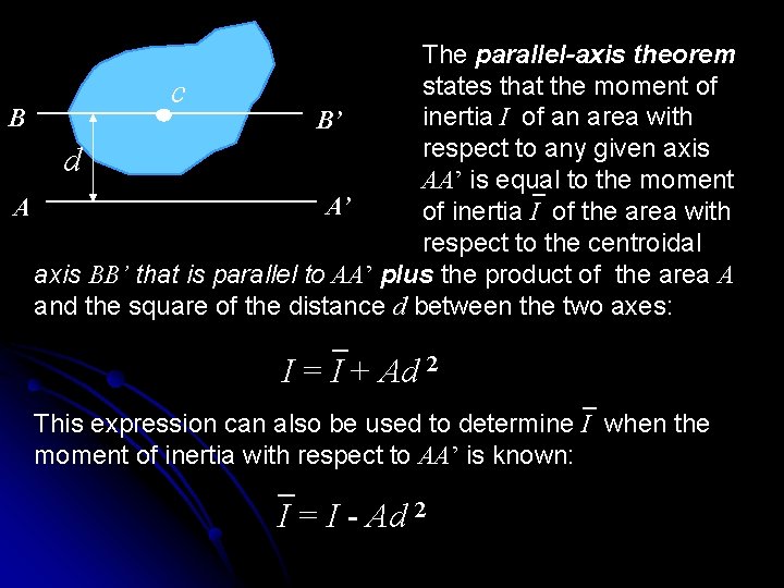 The parallel-axis theorem states that the moment of c inertia I of an area