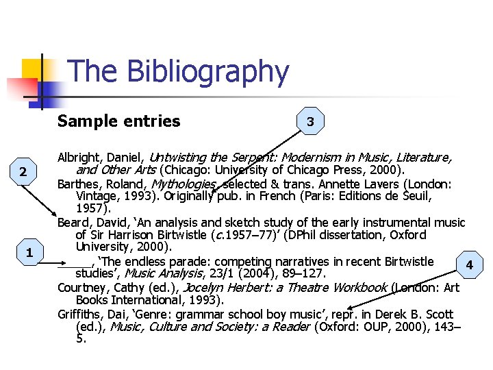 The Bibliography Sample entries 2 1 3 Albright, Daniel, Untwisting the Serpent: Modernism in