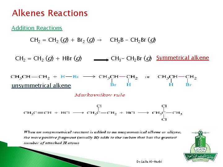 Alkenes Reactions Addition Reactions CH 2 = CH 2 (g) + Br 2 (g)
