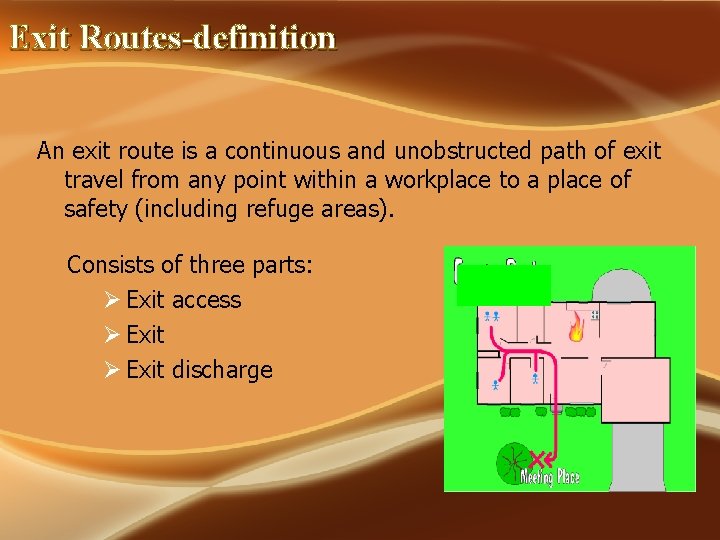 Exit Routes-definition An exit route is a continuous and unobstructed path of exit travel