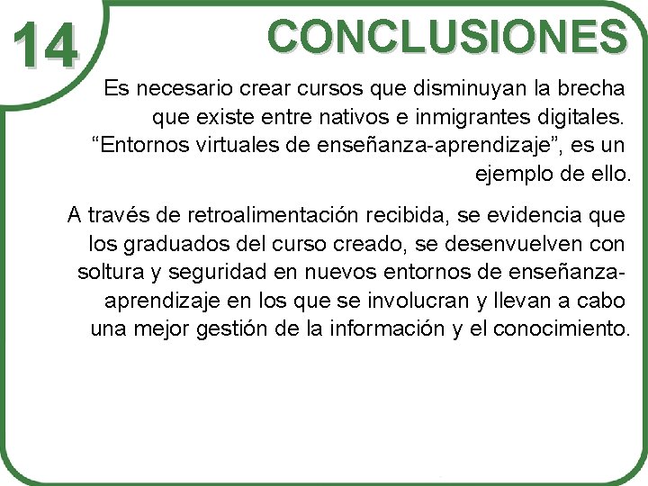 14 CONCLUSIONES Es necesario crear cursos que disminuyan la brecha que existe entre nativos