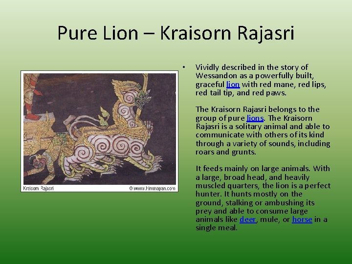 Pure Lion – Kraisorn Rajasri • Vividly described in the story of Wessandon as