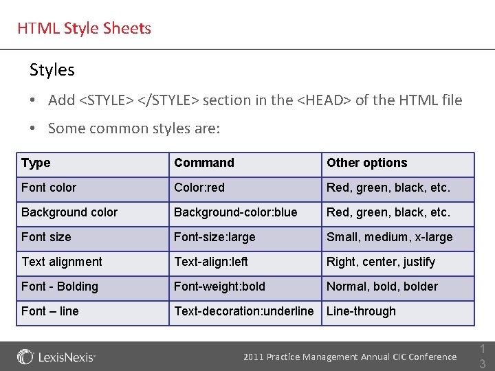 HTML Style Sheets Styles • Add <STYLE> </STYLE> section in the <HEAD> of the