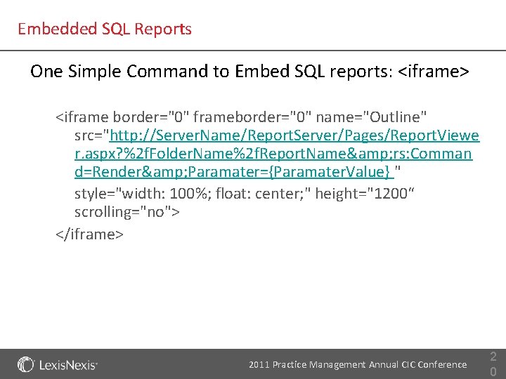Embedded SQL Reports One Simple Command to Embed SQL reports: <iframe> <iframe border="0" frameborder="0"